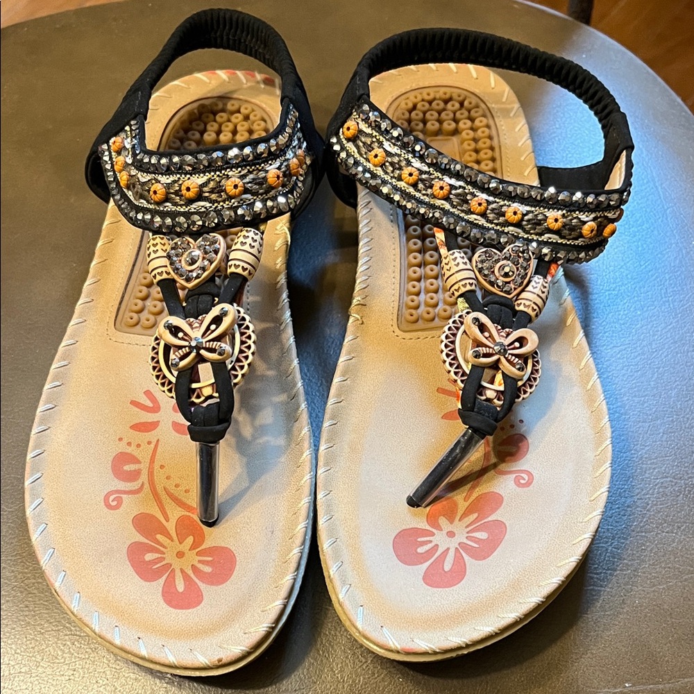 Embellished Black and Tan Sandals